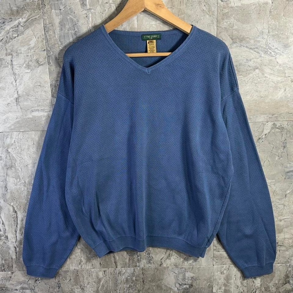 Tom James blue V-neck sweater Men's Size XL‎ #knitwear Italian yarn 100% Cotton